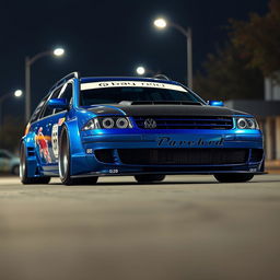 A striking blue 2001 widebody VW Passat R36 wagon designed as a drift car, featuring a vibrant race livery and a sleek carbon fiber hood