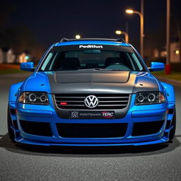 A striking blue 2001 widebody VW Passat R36 wagon designed as a drift car, featuring a vibrant race livery and a sleek carbon fiber hood