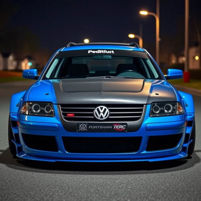 A striking blue 2001 widebody VW Passat R36 wagon designed as a drift car, featuring a vibrant race livery and a sleek carbon fiber hood