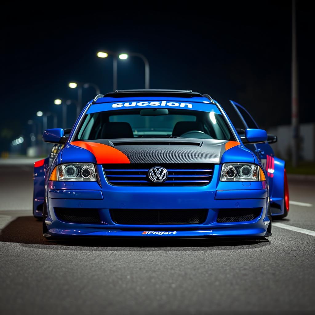 A striking blue 2001 widebody VW Passat R36 wagon designed as a drift car, featuring a vibrant race livery and a sleek carbon fiber hood
