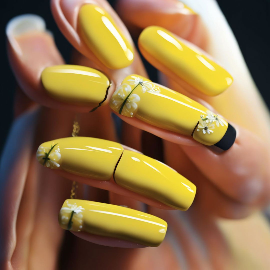 This high-quality digital art image showcases a set of oval-shaped nails painted in a lighter pastel yellow color, adorned with a delicate white flower design