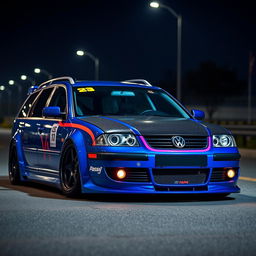A striking blue 2001 widebody VW Passat R36 wagon designed as a drift car, featuring a vibrant race livery and a sleek carbon fiber hood