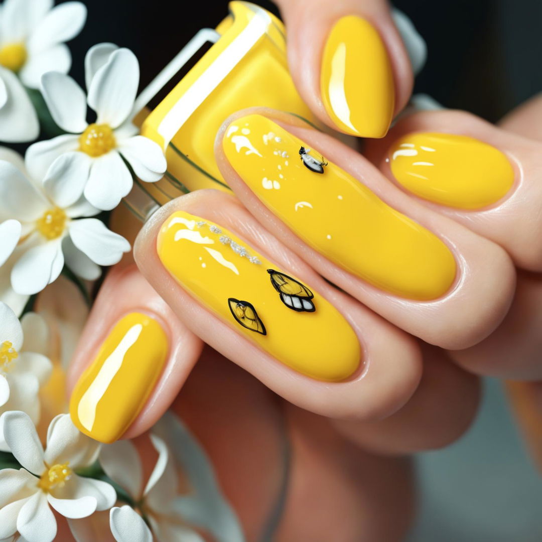 This high-quality digital art image showcases a set of oval-shaped nails painted in a lighter, pastel yellow color, adorned with a delicate white flower and bumble bee design