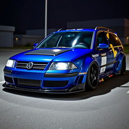 A blue 2001 widebody VW Passat R36 wagon modified for drifting, featuring an eye-catching race livery and a stylish carbon hood
