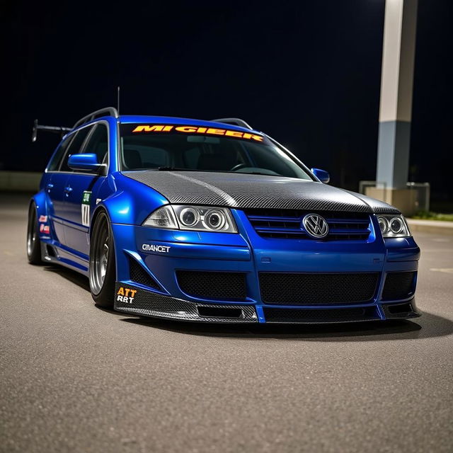 A blue 2001 widebody VW Passat R36 wagon modified for drifting, featuring an eye-catching race livery and a stylish carbon hood