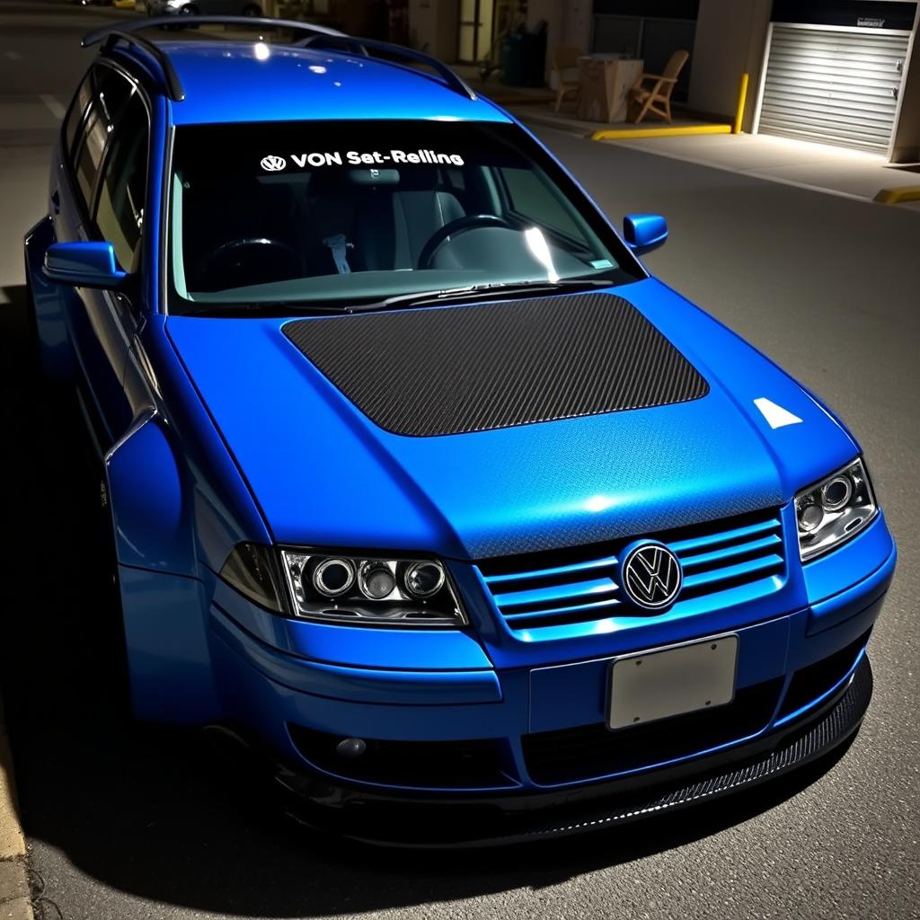 A blue 2001 widebody VW Passat R36 wagon modified for drifting, featuring an eye-catching race livery and a stylish carbon hood