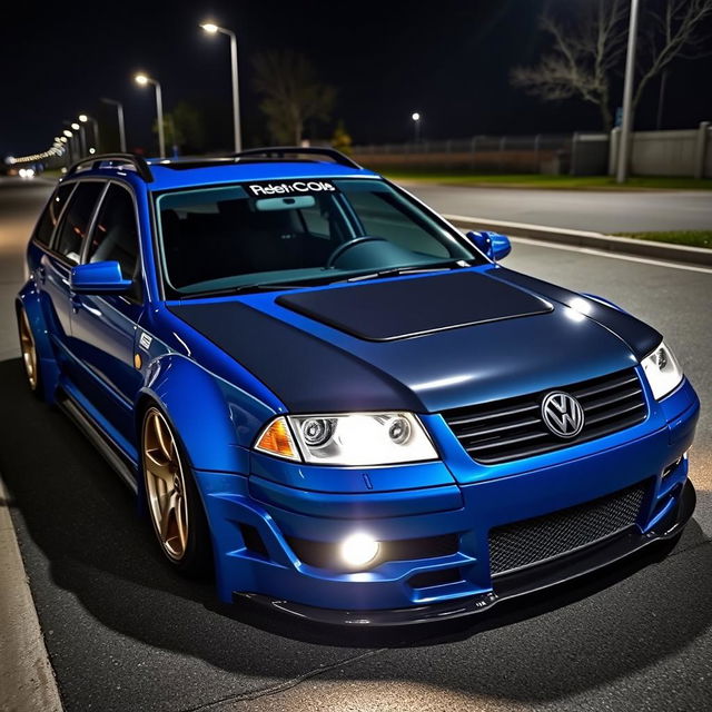 A blue 2001 widebody VW Passat R36 wagon designed for drifting, showcasing an impressive race livery and a sleek carbon hood