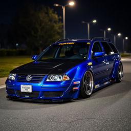 A blue 2001 widebody VW Passat R36 wagon designed for drifting, showcasing an impressive race livery and a sleek carbon hood