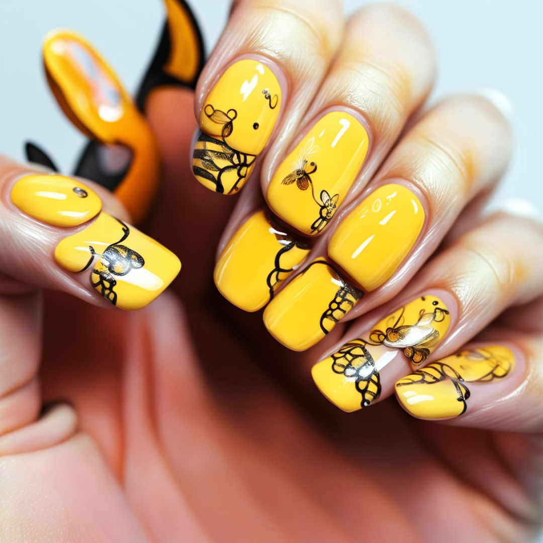 This high-quality digital art image showcases a set of oval-shaped nails painted in a lighter, pastel yellow color, adorned with a whimsical bumble bee design