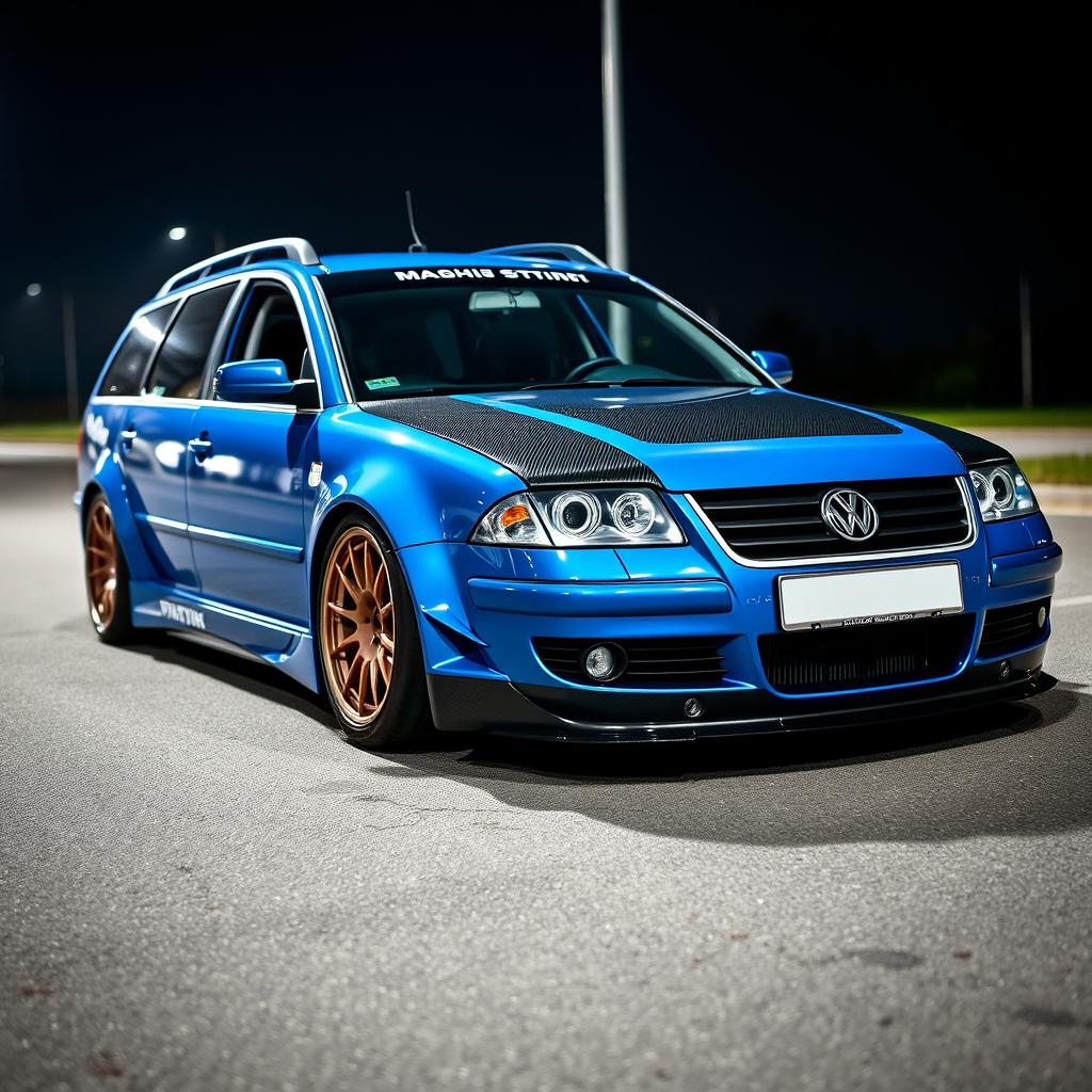 A blue 2001 widebody VW Passat R36 wagon designed for drifting, showcasing an impressive race livery and a sleek carbon hood