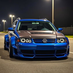 A blue 2001 widebody VW Passat R36 wagon designed for drifting, showcasing an impressive race livery and a sleek carbon hood