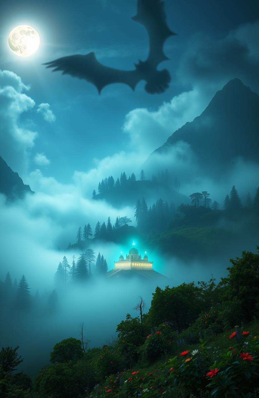 A mystical valley shrouded in dense mist, featuring a glowing temple at its center