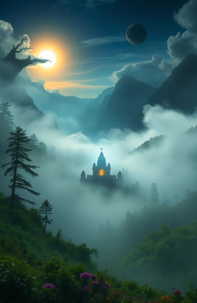 A mystical valley shrouded in dense mist, featuring a glowing temple at its center