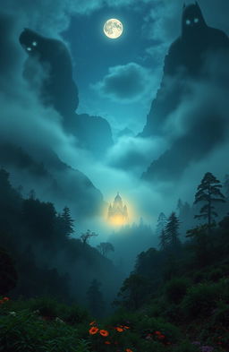 A mystical valley shrouded in dense mist, featuring a glowing temple at its center