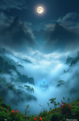 A mystical valley shrouded in dense mist, featuring a glowing temple at its center