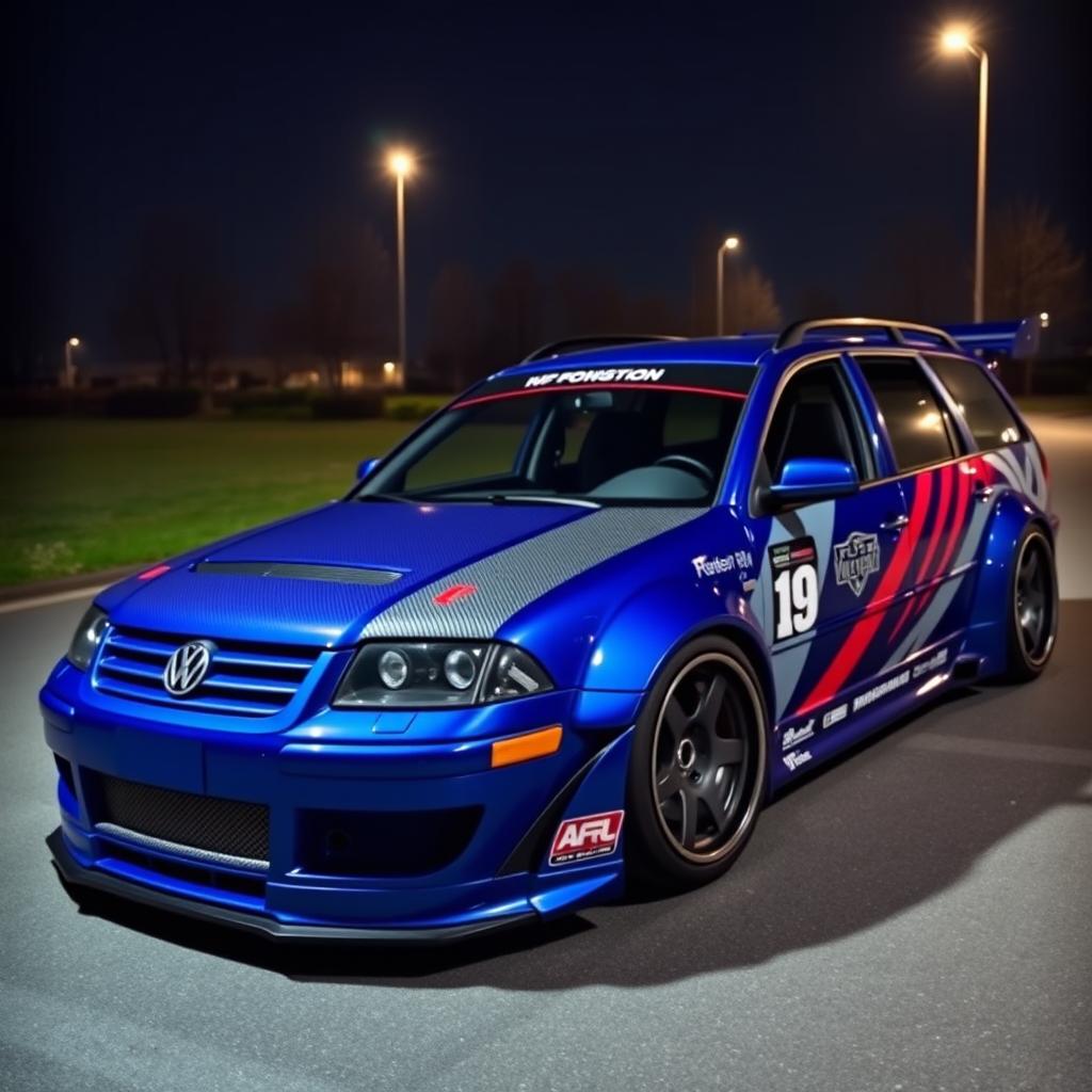 A striking blue 2001 widebody VW Passat R36 wagon, designed for drifting, adorned with an attention-grabbing race livery and a sleek carbon hood