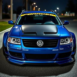 A striking blue 2001 widebody VW Passat R36 wagon, designed for drifting, adorned with an attention-grabbing race livery and a sleek carbon hood