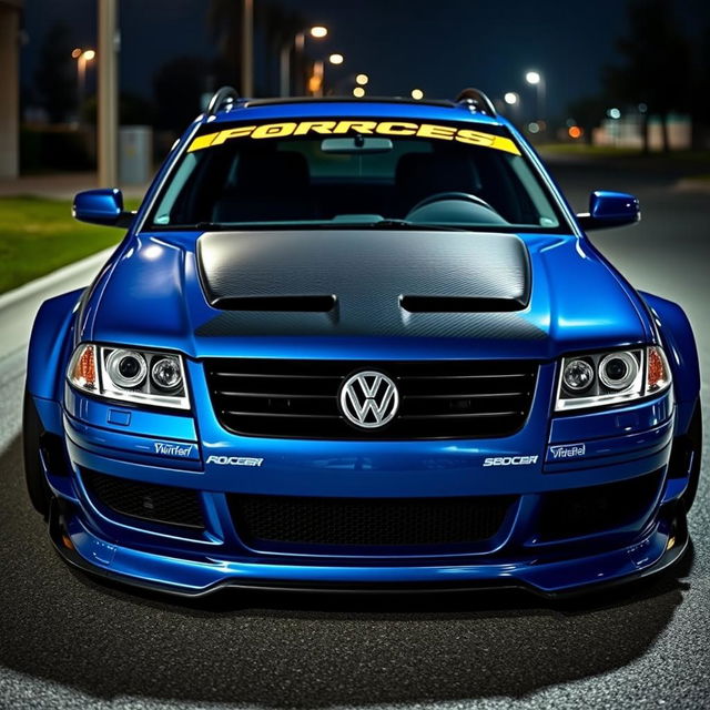 A striking blue 2001 widebody VW Passat R36 wagon, designed for drifting, adorned with an attention-grabbing race livery and a sleek carbon hood