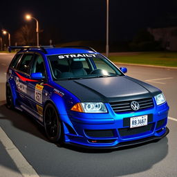 A striking blue 2001 widebody VW Passat R36 wagon, designed for drifting, adorned with an attention-grabbing race livery and a sleek carbon hood