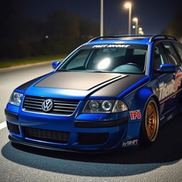 A striking blue 2001 widebody VW Passat R36 wagon, designed for drifting, adorned with an attention-grabbing race livery and a sleek carbon hood