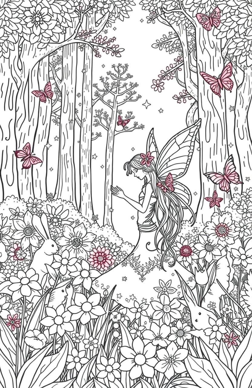 A beautiful fairy coloring page featuring an enchanting forest scene