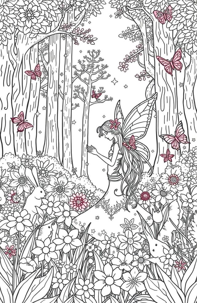 A beautiful fairy coloring page featuring an enchanting forest scene