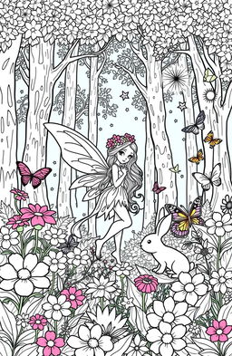 A beautiful fairy coloring page featuring an enchanting forest scene