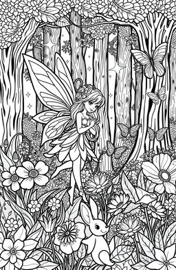 A beautiful fairy coloring page featuring an enchanting forest scene