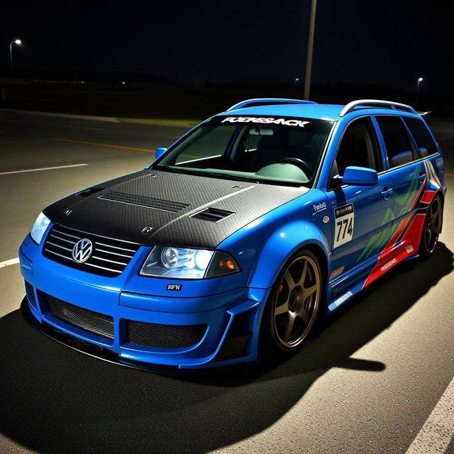 An attention-grabbing blue 2001 widebody VW Passat R36 wagon, built for drifting, adorned with an impressive race livery and a sleek carbon hood