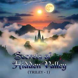 A hidden mystical valley shrouded in swirling mist, showcasing a glowing temple at the heart of the scenery