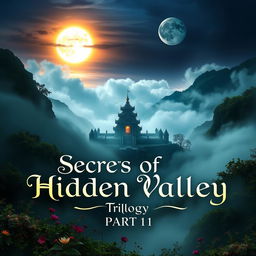 A hidden mystical valley shrouded in swirling mist, showcasing a glowing temple at the heart of the scenery
