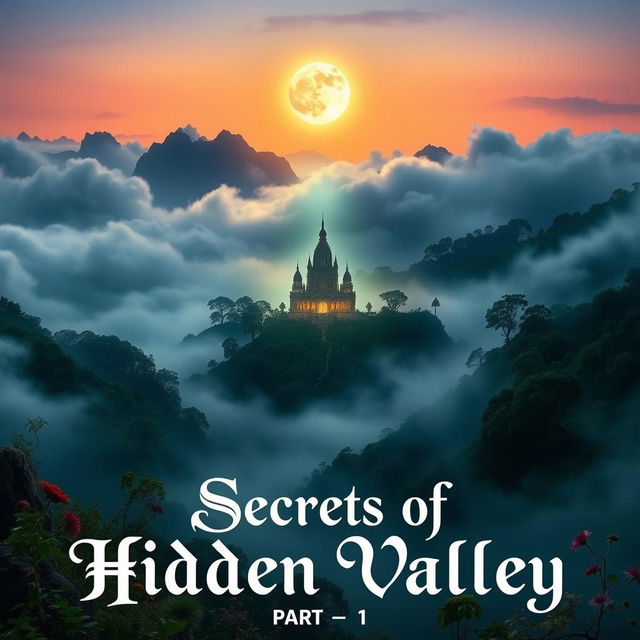 A hidden mystical valley shrouded in swirling mist, showcasing a glowing temple at the heart of the scenery