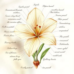 A detailed botanical illustration of a flower, clearly showcasing all parts including sepals, petals, anthers, filaments, stigma, style, ovary, pedicel, and any accessory parts