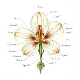 A detailed botanical illustration of a flower, clearly showcasing all parts including sepals, petals, anthers, filaments, stigma, style, ovary, pedicel, and any accessory parts