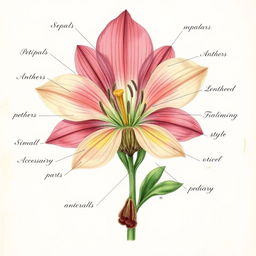 A detailed botanical illustration of a flower, clearly showcasing all parts including sepals, petals, anthers, filaments, stigma, style, ovary, pedicel, and any accessory parts