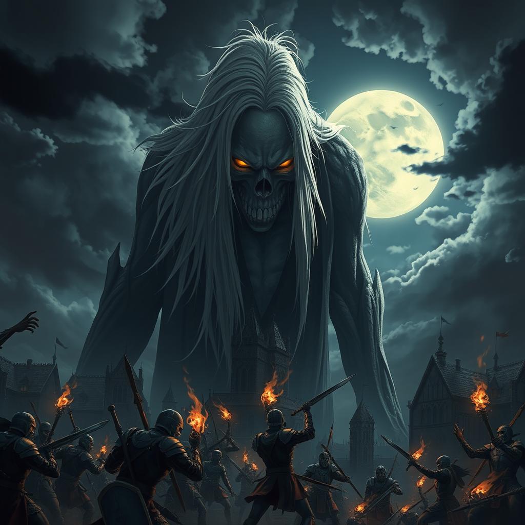 A giant undead with long white hair and receding hairline stands towering over a medieval city at night, illuminated by the eerie glow of the moon