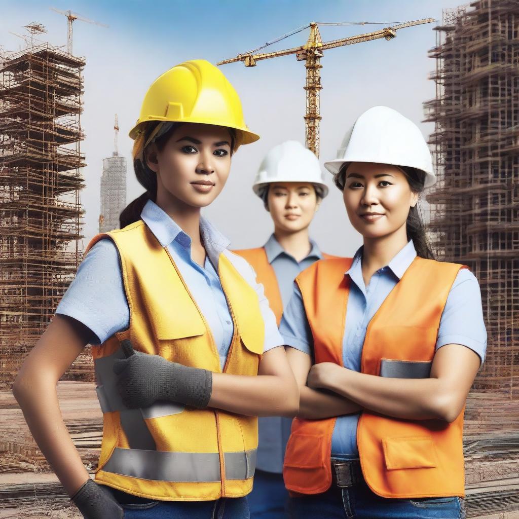 An image in a realistic style, showcasing a group of women in construction