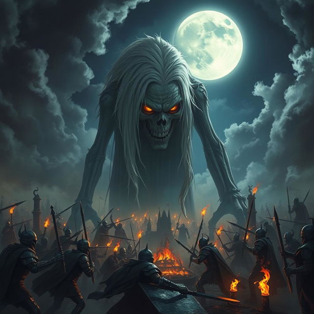 A giant undead with long white hair and receding hairline stands towering over a medieval city at night, illuminated by the eerie glow of the moon