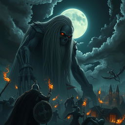A giant undead with long white hair and receding hairline stands towering over a medieval city at night, illuminated by the eerie glow of the moon