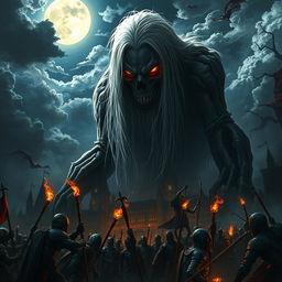 A giant undead with long white hair and receding hairline stands towering over a medieval city at night, illuminated by the eerie glow of the moon