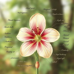 A detailed botanical illustration of a flower, clearly showcasing all parts including sepals, petals, anthers, filaments, stigma, style, ovary, pedicel, and any accessory parts