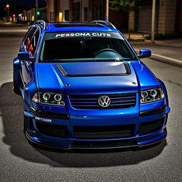 A stunning blue 2001 widebody VW Passat R36 wagon, customized as a drift car, parked at night