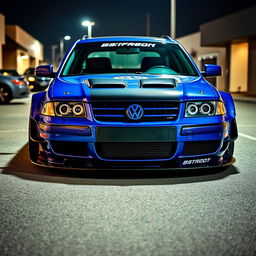 A stunning blue 2001 widebody VW Passat R36 wagon, customized as a drift car, parked at night