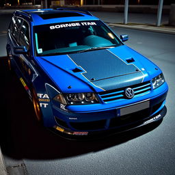 A stunning blue 2001 widebody VW Passat R36 wagon, customized as a drift car, parked at night