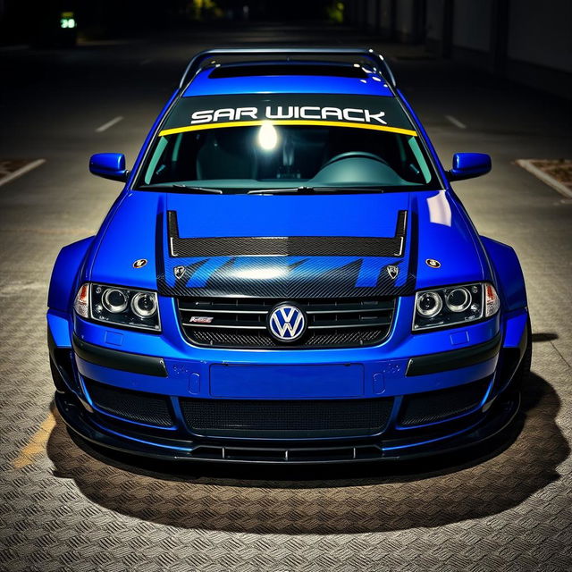 A stunning blue 2001 widebody VW Passat R36 wagon, customized as a drift car, parked at night