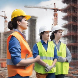 An image in a realistic style, showcasing a group of women in construction