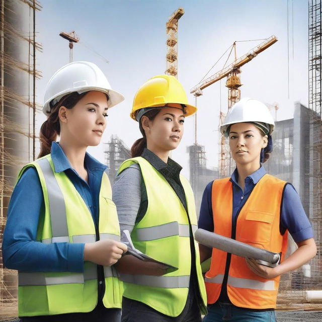 An image in a realistic style, showcasing a group of women in construction