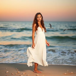 A beautiful young woman standing on the beach at sunrise, wearing a flowing white sundress that dances in the light breeze