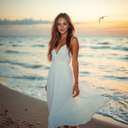 A beautiful young woman standing on the beach at sunrise, wearing a flowing white sundress that dances in the light breeze