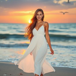 A beautiful young woman standing on the beach at sunrise, wearing a flowing white sundress that dances in the light breeze